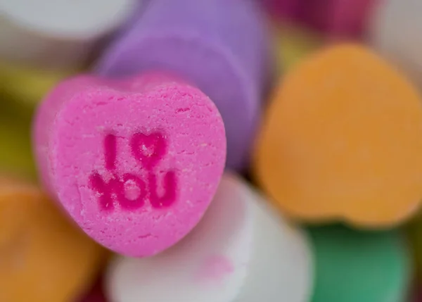 Narrow Focus Pink Heart You Candy Heart Pile — Stock Photo, Image