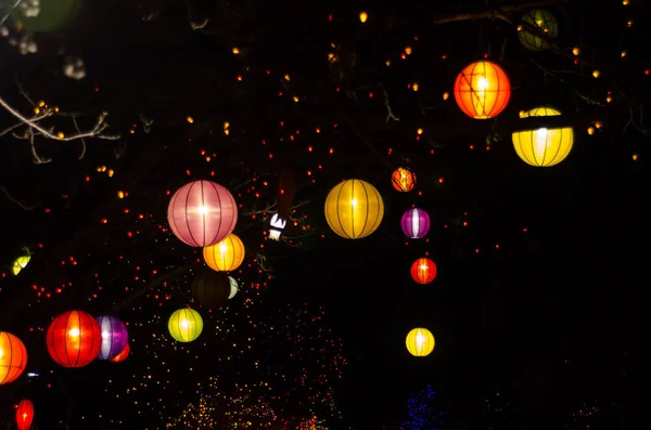 Lanternas Chinesas Luzes Natal Penduradas Árvores Livre — Fotografia de Stock