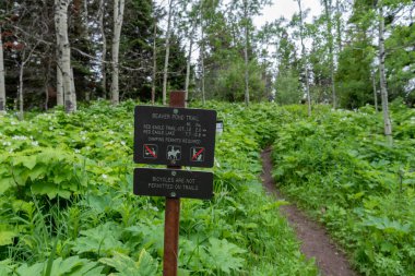 Kunduz gölet Trailhead işaret içinde erken yaz aylarında buzul
