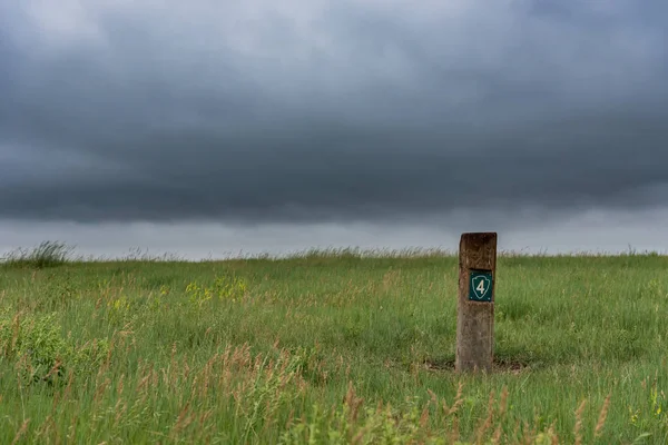 曇りの日に草原を横断歩道に沿ってトレイル マーカー サイン — ストック写真
