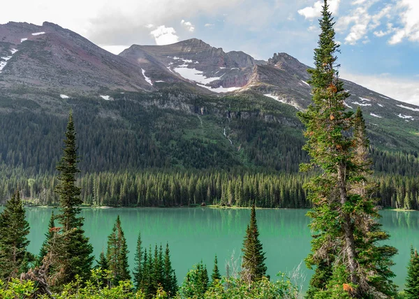 Green Waters Lake Josephine Reflect Forest Mountains Glacier National Park — Stock Photo, Image