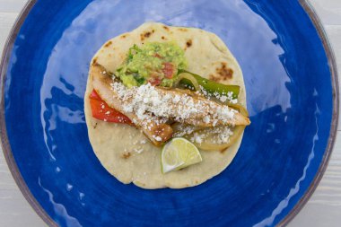 Mavi plaka üzerinde monte Fajita bakıyor