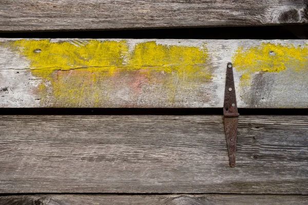 Zaloguj Się Ściana Zardzewiały Zawias Glony Żółty — Zdjęcie stockowe