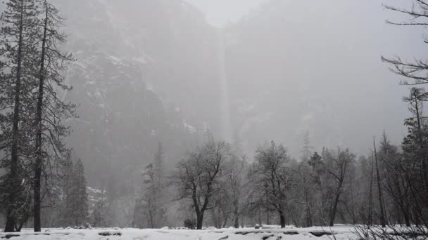 婚礼面纱瀑布在约塞米蒂国家公园通过雪雾的织机 — 图库视频影像