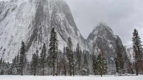 Time Lapse Yosemite Valley Trees Rosto Rocha Dia Nevado Nebuloso — Vídeo de Stock