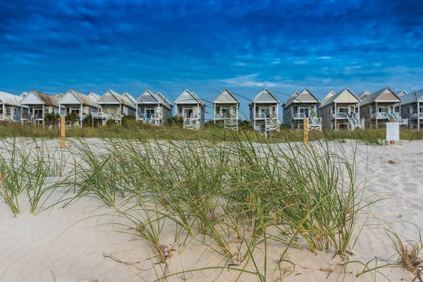 Gramíneas e dunas com fileira de casas de praia — Fotografia de Stock