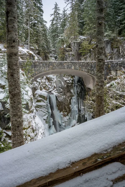 Brdige em Christine Falls emoldurado por árvores nevadas — Fotografia de Stock
