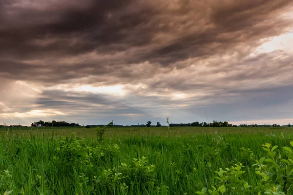 Paprsky prolomit mraky nad venkovským polem — Stock fotografie