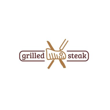 Izgara et, çatal ve bıçaklı restoran logosu biftek restoranı kimliği ve logosu ya da promosyon amaçlı beyaz arka planda izole edilmiş.