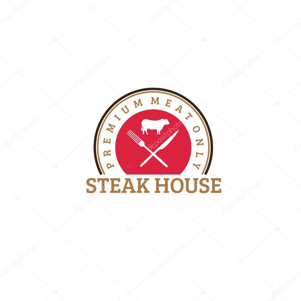 Stamp shaped steak house restaurant logo vector with simple typography, cow, fork and knife isolated on white background