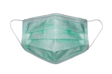 Tıbbi kullanım için yeşil maske, mikropları önlemek için beyaz arka plan, aşınma maskesi