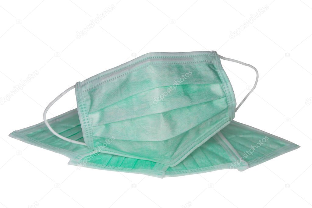 Green mask for medical use, white background, mask for wear to prevent germs