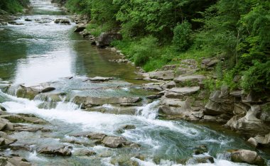 Taşlar ve küçük şelaleli dağ nehri, bulanık arkaplan