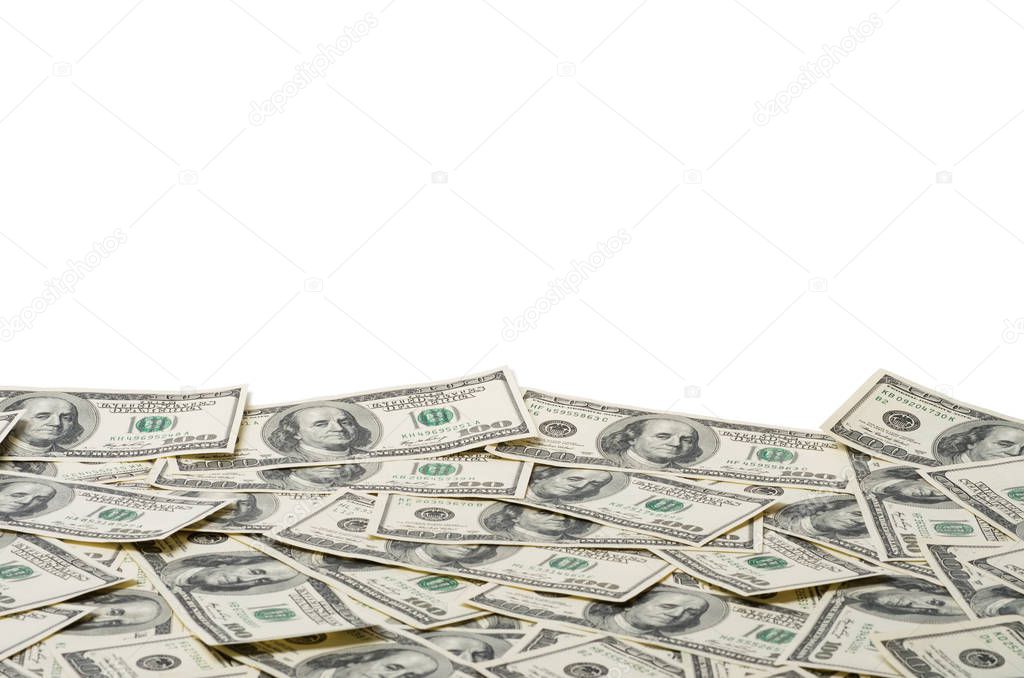 Heap of hundred Dollar Bills isolated on white background with place for your text