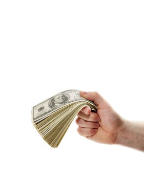 Beyaz bir arka plan üzerinde izole para ile el