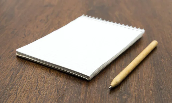 Spiral Notebook Pen Wooden Desk — Stock Photo, Image