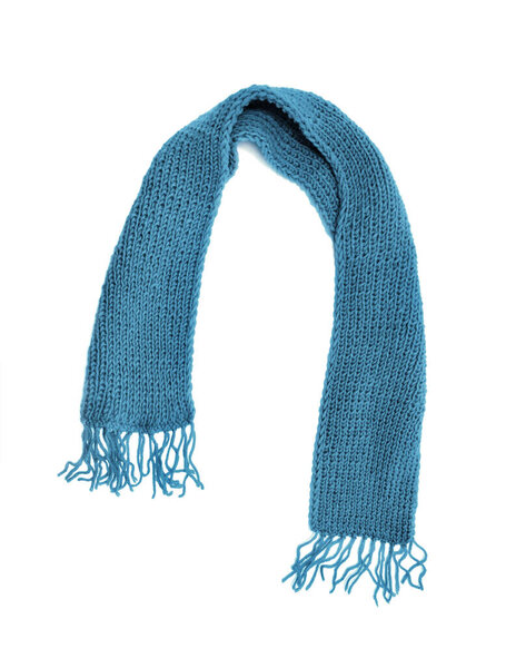 Blue knitted scarf on a white background.