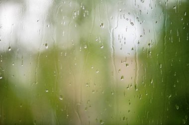 Arkaplanda yeşil ağaç olan pencereye yağmur damlaları yağar