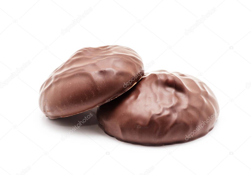 chocolate covered marshmallows on white background