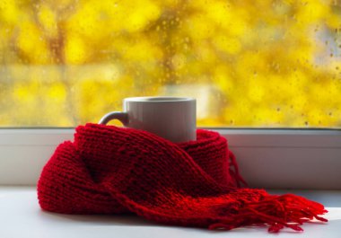 Sonbahar natürmort - Sıcak örülmüş eşarp ve bir bardak çay, boşluğun kopyası.