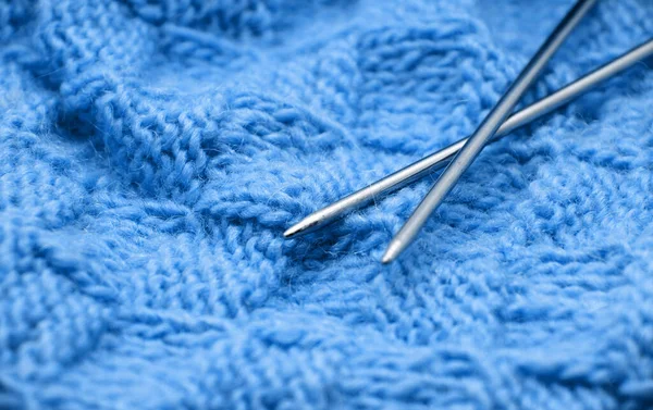 Detail Der Gewebten Handarbeit Stricken Wollenen Design Textur Und Stricknadel — Stockfoto