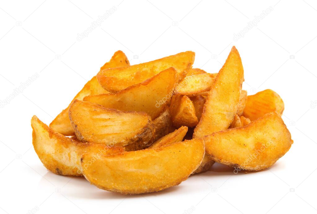 fried Potato wedges. Fast food. Isolated on white