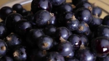 Siyah frenk üzümü cam bir tabakta dönüyor.