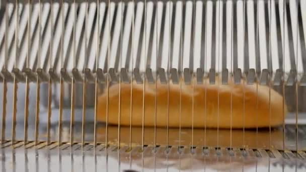 Krajalnica do chleba w fabryce. Ostre noże kroją chleb w zwolnionym tempie — Wideo stockowe