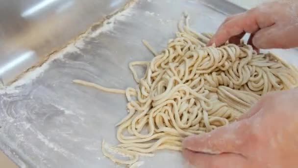 Moeilijke snijmachine. Man toont gesneden deeg voor pasta — Stockvideo