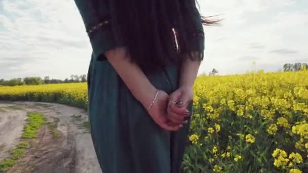 Ein Schönes Mädchen Einem Grünen Kleid Geht Eine Landstraße Entlang — Stockvideo