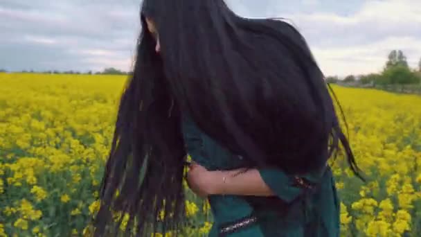 Une jeune fille brune aux cheveux longs dans une robe verte danse magnifiquement au coucher du soleil dans une prairie fleurie. La caméra bouge. .