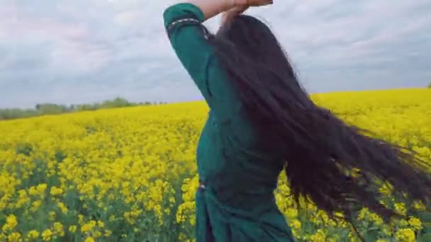一个穿着传统绿色衣服的女人在日落时优雅地在花草丛中跳舞 摄像机在动 — 图库视频影像