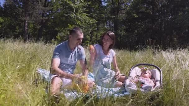 Caucasian young couple with a child fooling around in nature. — Stock Video