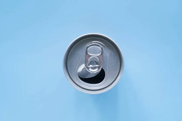 Metallic Can Blue Background Top View Used Can — Stock Photo, Image