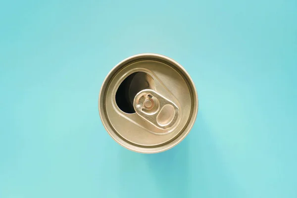 Metallic Can Blue Background Top View Used Can — Stock Photo, Image