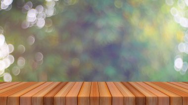 Bokeh ışık soyut arkaplan üzerindeki tahta masa üstü montaj veya ürünlerinizi göstermek için kullanılabilir