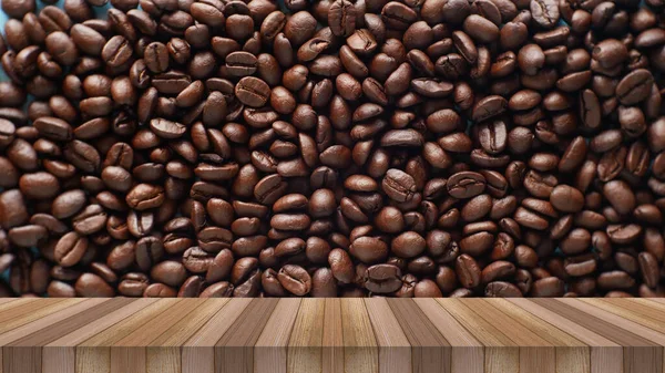 Holztisch Und Kaffeesamen Für Produktpräsentation — Stockfoto