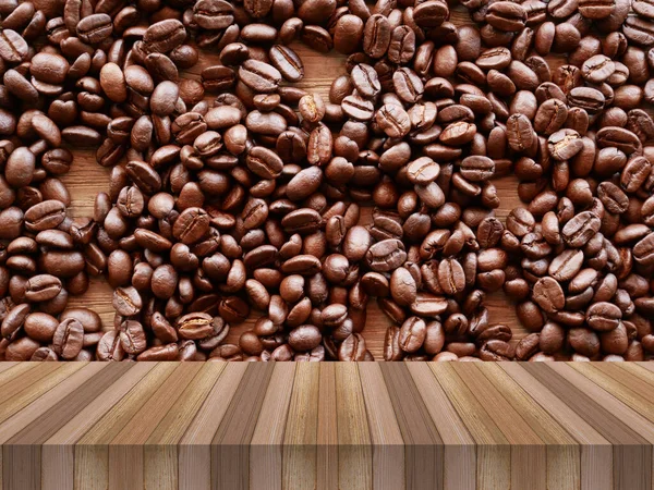 Ürün Sergisi Için Ahşap Masa Kahve Tohumu — Stok fotoğraf