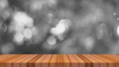 Bokeh hafif arkaplanındaki tahta masa üstü, montaj için ya da ürünlerinizi göstermek için kullanılabilir