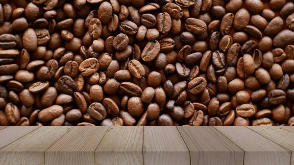 Holztisch Und Kaffeesamen Für Produktpräsentation — Stockfoto