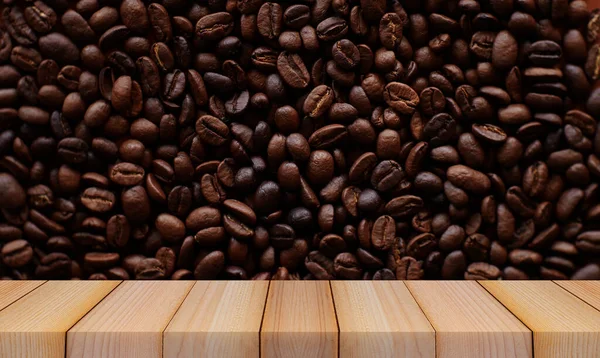 Wood Table Coffee Seed Product Display — Stock Photo, Image