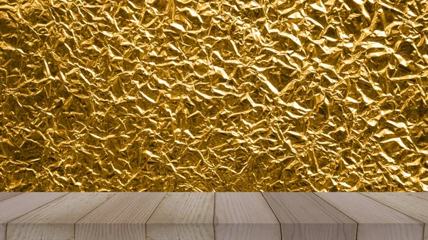 製品表示 金メタルプレートと板金のための金アルミ箔テクスチャ背景の木のテーブル — ストック写真