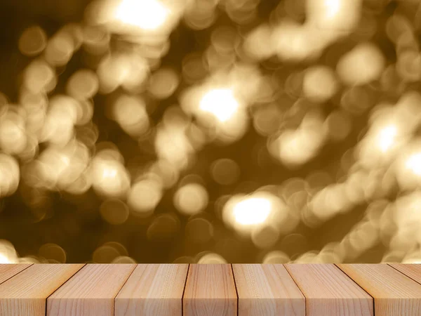 Bokeh soyut sarı arkaplan üzerindeki ahşap masa üstü ürünlerinizi görüntülemek veya montaj için kullanılabilir