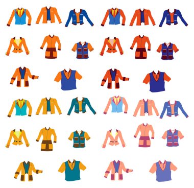 Moda trendleri seti, farklı renkte üniformalar, vektör üniformaları, kıyafet kuralları, palto takımı, takım elbiseler.