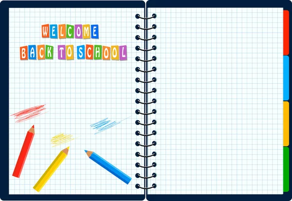 Zpět Školní Vektorové Pozadí Spirálovým Notebookem — Stockový vektor