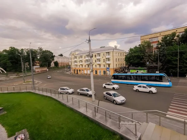 Городской Пейзаж Автомобили Здания Трамвай — стоковое фото