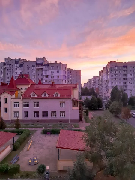 Lever Soleil Sur Les Maisons Ville — Photo