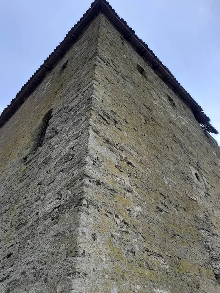 Der Alte Turm Der Restaurierten Burg Ansicht Von Unten — Stockfoto