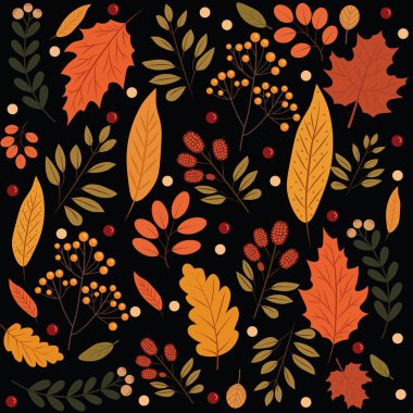 Renkli yaprakları, meşe palamudu ve böğürtlenleri olan kusursuz bir sonbahar deseni. Mevsimlik tasarım sonbahar dekorasyonu, ambalaj kağıdı, tekstil, duvar kağıtları, tebrik kartları ve baskılar için mükemmeldir..
