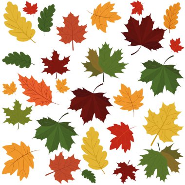 Kırmızı yeşil ve turuncu yapraklı, sonbahar renksiz deseni. Mevsimsel arkaplan tasarımı kumaş tekstil ambalaj kağıdı duvar kağıdı tebrik kartları ve sonbahar dekorasyonu için mükemmeldir. Vektör